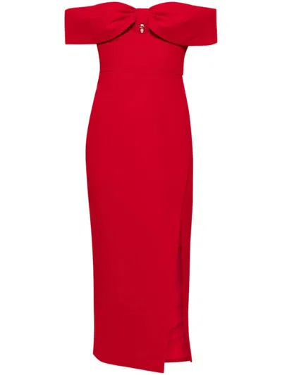 Self-portrait Bow Crepe Off The Shoulder Midi Dress In Red
