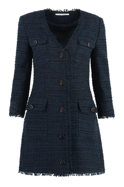 Tagliatore Doreen Fringed Tweed Dress In Blue