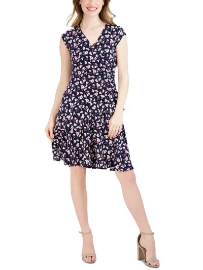 Signature By Robbie Bee Petites Womens Ruched Floral Wrap Dress In Blue