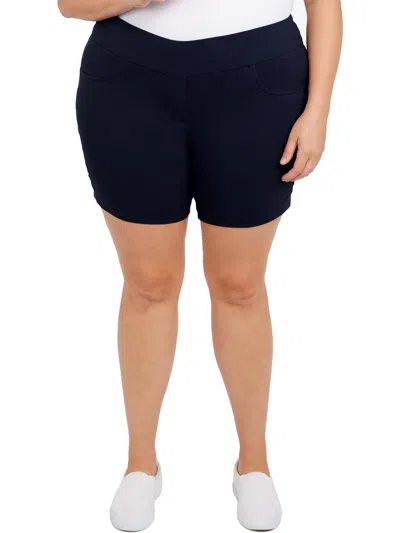 Hearts Of Palm Plus Size Essentials Solid Color Tech Stretch Shorts With Elastic Waistband In Blue
