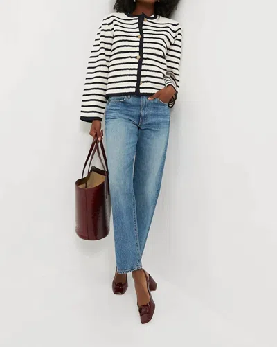 Moon River Crew Neck Stripe Cardigan In Navy/white In Multi