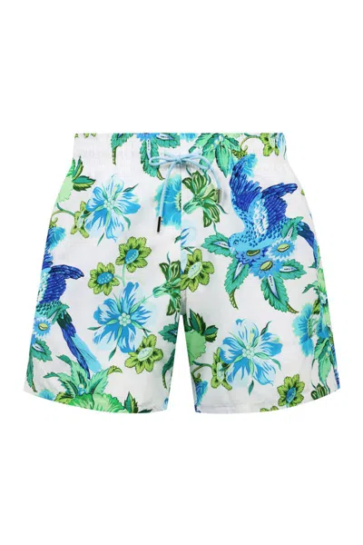 Etro Floral Printed Swim Shorts In White,blue