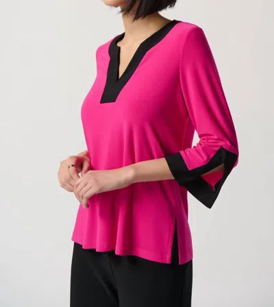 Joseph Ribkoff Silky Knit Colorblock Slit Neckline Top In Shocking Pink / Black