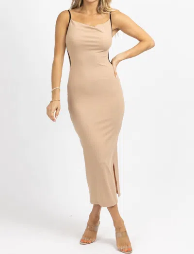 Lena Contrast Ribbed Midi Dress In Taupe + Black In Beige