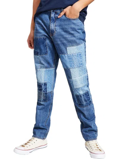 Sun + Stone Mens Loose Fit Patchwork Tapered Leg Jeans In Blue