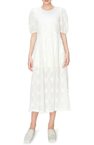 Melloday Textured Jacquard Puff Sleeve Midi Dress In White
