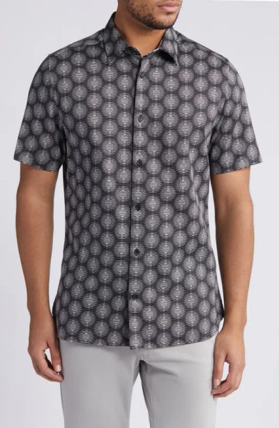 Ted Baker Pearsho Slim Fit Print Short Sleeve Stretch Cotton Button-up Shirt In Black