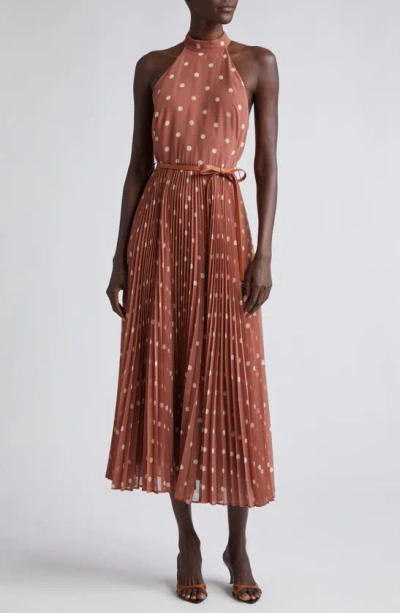 Zimmermann Belted Pleated Polka-dot Recycled-chiffon Midi Dress In Brown
