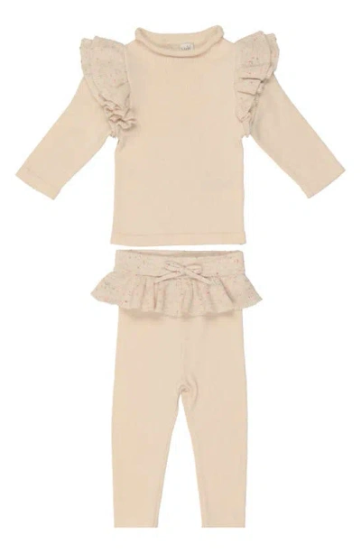 Maniere Babies' Flecked Ruffle Long Sleeve Cotton Blend Top & Leggings Set In Cream