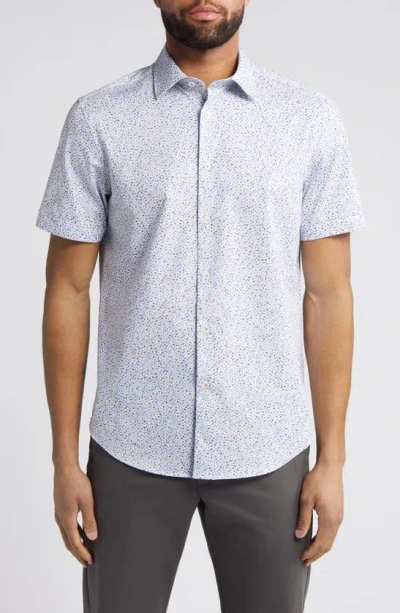 Bugatchi Miles Ooohcotton® Mosaic Print Short Sleeve Button-up Shirt In Sand Multi