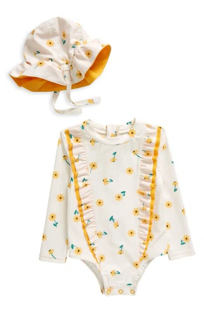 Tucker + Tate Babies' Floral Ruffle Long Sleeve One-piece Rashguard Swimsuit & Sun Hat Set In Ivory Egret Effie Floral