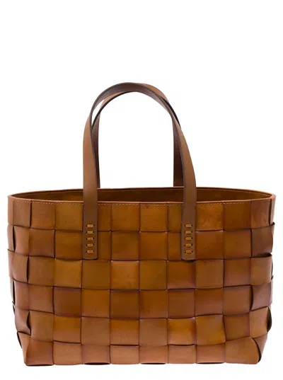 Dragon Diffusion Japan Tote (flat Leathr Handles) Box Weave Basket 4cm Straps In Brown