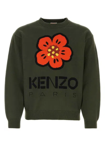 Kenzo Boke Flower Floral Embroidered Cotton Crew-neck Sweater In Kaki Fonce