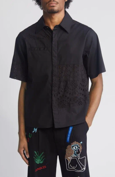 Jungles Eyelet Short Sleeve Cotton Button-up Shirt In Black