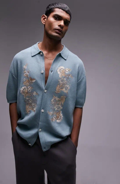 Topman Western Floral Embroidery Button-up Cardigan Shirt In Light Blue