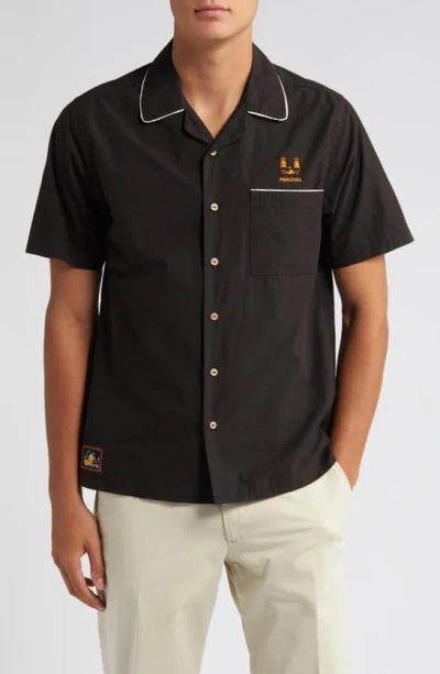 Percival Percico Citrus Embroidered Short Sleeve Cotton Graphic Bowling Shirt In Black