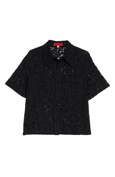 Eckhaus Latta Flora Short Sleeve Lace Button-up Shirt In Onyx