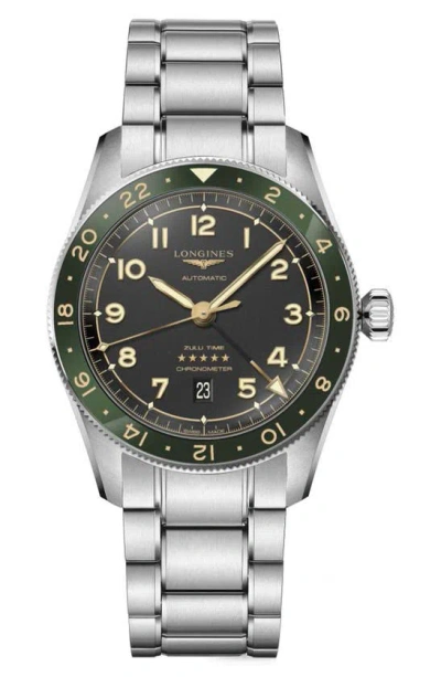 Longines Men's Swiss Automatic Spirit Zulu Time Stainless Steel Bracelet Watch 42mm In Anthracite/green/silver
