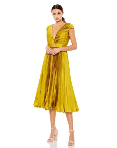 Ieena For Mac Duggal Pleated Cap Sleeve Belted A Line Dress In Chartreuse