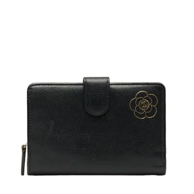 Pre-owned Chanel Camélia Black Leather Wallet  ()