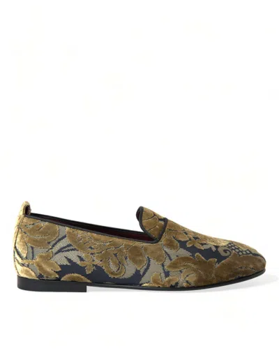 Dolce & Gabbana Gold Velvet Brocade Smoking Slipper Dress Men's Shoes