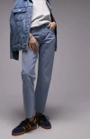 Topshop Raw Hem Mid Rise Straight Leg Jeans In Light Blue