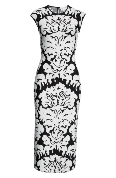 Alexander Mcqueen Damask Print Knit Midi Dress In Black White