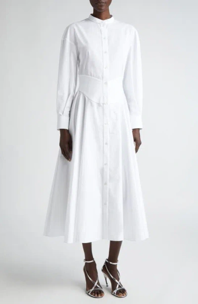 Alexander Mcqueen Long Sleeve Cotton Poplin Midi Shirtdress In Opticalwhite