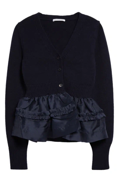 Cecilie Bahnsen Vision Ruffled Taffeta-trimmed Cashmere And Wool-blend Cardigan In Navy