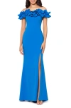 Xscape Off The Shoulder Ruffle Crepe Trumpet Gown In Turquoise
