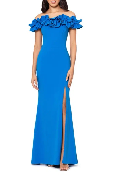 Xscape Off The Shoulder Ruffle Crepe Trumpet Gown In Turquoise