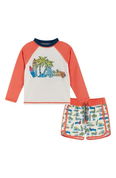 Andy & Evan Kids' Long Sleeve Rashguard T-shirt & Swim Shorts Set In Orange Surf