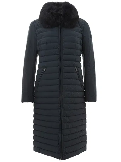 Peuterey Chic Long Quilted Coat With Fur Women's Detail In Blue