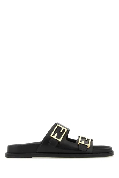 Fendi F Buckle Leather Slide Sandals In Black