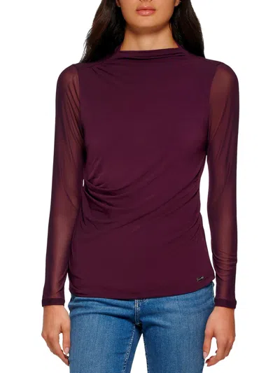 Calvin Klein Womens High Neck Mesh Sleeves Blouse In Purple
