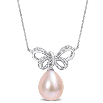 Mimi & Max 9.5-10mm Cultured Freshwater Pink Pearl And Diamond Accent Bow Necklace In 10k White Gold In Multi