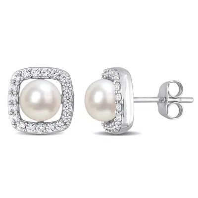 Mimi & Max 6-6.5mm Cultured Freshwater Pearl And 3/8 Ct Tgw Created White Sapphire Halo Stud Earrings In 10k Wh
