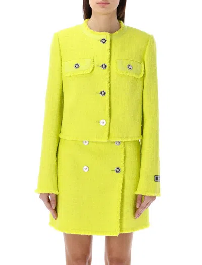 Versace Cotton Blend Tweed Crop Jacket In Yellow