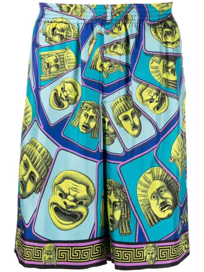 Versace Le Maschere Print Silk Shorts In Green