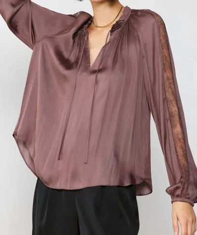 Current Air Long Sleeve Split Neck Ruffle Blouse In Coco Brown
