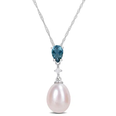 Mimi & Max 8-8.5mm Rice-shape Pink Cultured Freshwater Pearl 1/2ct Tgw London-blue Topaz And Diamond Accent Nec In Multi