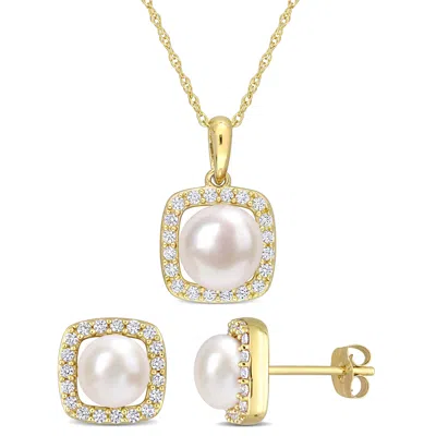 Mimi & Max 6-7.5mm Cultured Freshwater Pearl And 3/5ct Tgw Created White Sapphire Necklace And Earrings Set In In Multi