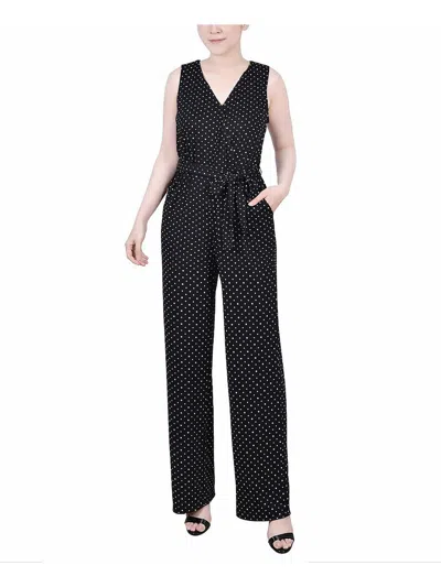 Ny Collection Petites Womens Knit Polka Dot Jumpsuit In Black