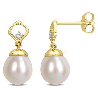Mimi & Max 8-8.5mm Cultured Freshwater Pearl And Diamond Accent Earrings In 14k Yellow Gold In Multi
