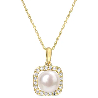 Mimi & Max 7-7.5mm Cultured Freshwater Pearl And 1/5ct Tgw Created White Sapphire Halo Necklace In 10k Yellow G In Multi