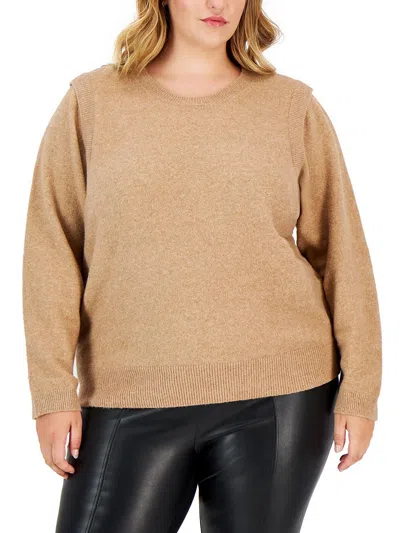 Calvin Klein Womens Ribbed Trim Knit Crewneck Sweater In Brown