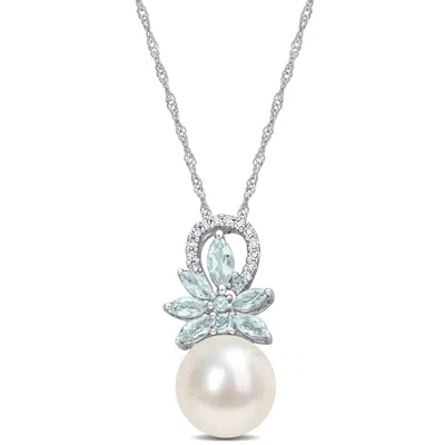 Mimi & Max 9.5-10mm Cultured Freshwater Pearl And 1/3ct Tgw Aquamarine And Diamond Accent Flower Necklace In 14 In Multi