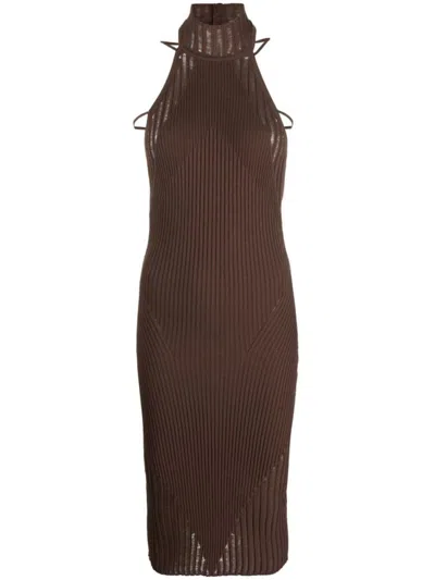 Andreädamo Halterneck Knitted Midi Dress In Brown