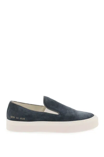 Common Projects Suede Slip-on Sneakers With Gold-tone Number Print For Men In Blue
