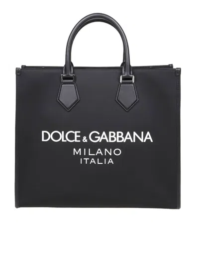 Dolce & Gabbana Shopping Bag In Tessuto Con Logo Gommato In Black / Black